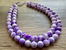 Load image into Gallery viewer, Purple Swirl Statement Necklace, Big Beaded necklace, chunky beaded necklace wedding, lavender jewelry, 2 strand white striped jewelry