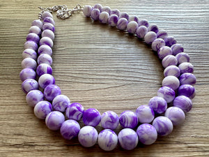 Purple Swirl Statement Necklace, Big Beaded necklace, chunky beaded necklace wedding, lavender jewelry, 2 strand white striped jewelry