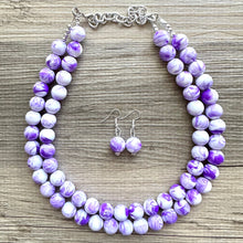 Load image into Gallery viewer, Purple Swirl Statement Necklace, Big Beaded necklace, chunky beaded necklace wedding, lavender jewelry, 2 strand white striped jewelry