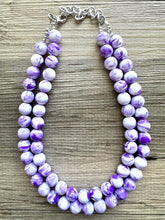 Load image into Gallery viewer, Purple Swirl Statement Necklace, Big Beaded necklace, chunky beaded necklace wedding, lavender jewelry, 2 strand white striped jewelry