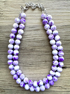 Purple Swirl Statement Necklace, Big Beaded necklace, chunky beaded necklace wedding, lavender jewelry, 2 strand white striped jewelry