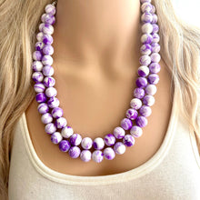 Load image into Gallery viewer, Purple Swirl Statement Necklace, Big Beaded necklace, chunky beaded necklace wedding, lavender jewelry, 2 strand white striped jewelry
