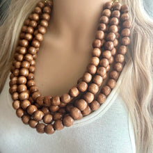 Load image into Gallery viewer, 5 Strand Wood Beaded Necklace, brown Jewelry Chunky statement necklace, big beaded necklace jewelry, natural smooth wood earrings