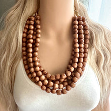 Load image into Gallery viewer, 5 Strand Wood Beaded Necklace, brown Jewelry Chunky statement necklace, big beaded necklace jewelry, natural smooth wood earrings