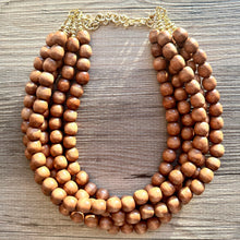 Load image into Gallery viewer, 5 Strand Wood Beaded Necklace, brown Jewelry Chunky statement necklace, big beaded necklace jewelry, natural smooth wood earrings