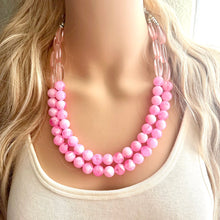 Load image into Gallery viewer, Shades of Pink &amp; Gold Double Layer statement necklace with tan accents, Chunky Jewelry Wedding bridesmaid painted beads jewelry