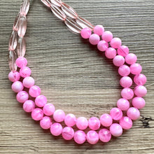 Load image into Gallery viewer, Shades of Pink &amp; Gold Double Layer statement necklace with tan accents, Chunky Jewelry Wedding bridesmaid painted beads jewelry