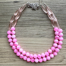 Load image into Gallery viewer, Shades of Pink &amp; Gold Double Layer statement necklace with tan accents, Chunky Jewelry Wedding bridesmaid painted beads jewelry