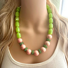 Load image into Gallery viewer, Pink &amp; Green Color Block Ombré Chunky Statement Necklace, Big beaded jewelry, Single Strand Statement Necklace, mint blush baby pink jewelry