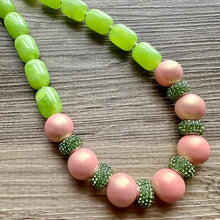 Load image into Gallery viewer, Pink &amp; Green Color Block Ombré Chunky Statement Necklace, Big beaded jewelry, Single Strand Statement Necklace, mint blush baby pink jewelry