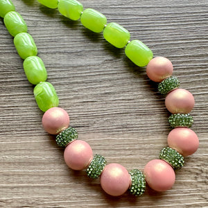 Pink & Green Color Block Ombré Chunky Statement Necklace, Big beaded jewelry, Single Strand Statement Necklace, mint blush baby pink jewelry