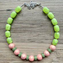 Load image into Gallery viewer, Pink &amp; Green Color Block Ombré Chunky Statement Necklace, Big beaded jewelry, Single Strand Statement Necklace, mint blush baby pink jewelry