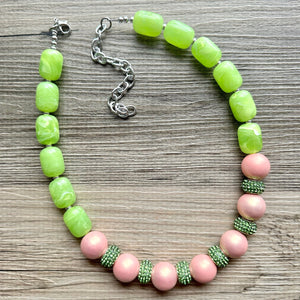 Pink & Green Color Block Ombré Chunky Statement Necklace, Big beaded jewelry, Single Strand Statement Necklace, mint blush baby pink jewelry
