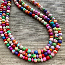 Load image into Gallery viewer, Floral Rainbow 3 strand Beaded Necklace, Colorful Jewelry, Chunky statement necklace, clay beaded necklace, rainbow jewelry confetti multi