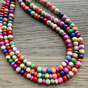 Floral Rainbow 3 strand Beaded Necklace, Colorful Jewelry, Chunky statement necklace, clay beaded necklace, rainbow jewelry confetti multi