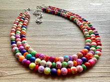 Load image into Gallery viewer, Floral Rainbow 3 strand Beaded Necklace, Colorful Jewelry, Chunky statement necklace, clay beaded necklace, rainbow jewelry confetti multi