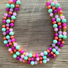 Load image into Gallery viewer, Strawberry Lime Macaroon Necklace, multi strand colorful jewelry, big beaded chunky statement necklace pink necklace mint green earrings