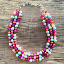 Load image into Gallery viewer, Strawberry Lime Macaroon Necklace, multi strand colorful jewelry, big beaded chunky statement necklace pink necklace mint green earrings