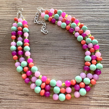 Load image into Gallery viewer, Strawberry Lime Macaroon Necklace, multi strand colorful jewelry, big beaded chunky statement necklace pink necklace mint green earrings