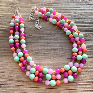 Strawberry Lime Macaroon Necklace, multi strand colorful jewelry, big beaded chunky statement necklace pink necklace mint green earrings