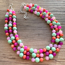 Load image into Gallery viewer, Strawberry Lime Macaroon Necklace, multi strand colorful jewelry, big beaded chunky statement necklace pink necklace mint green earrings