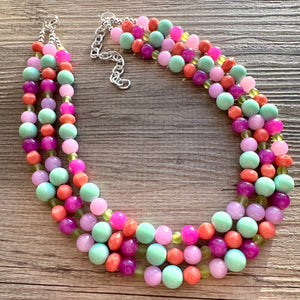 Strawberry Lime Macaroon Necklace, multi strand colorful jewelry, big beaded chunky statement necklace pink necklace mint green earrings