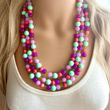 Load image into Gallery viewer, Strawberry Lime Macaroon Necklace, multi strand colorful jewelry, big beaded chunky statement necklace pink necklace mint green earrings