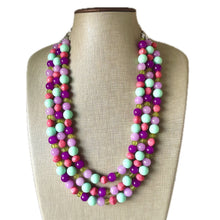 Load image into Gallery viewer, Strawberry Lime Macaroon Necklace, multi strand colorful jewelry, big beaded chunky statement necklace pink necklace mint green earrings