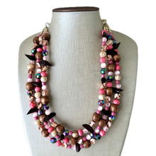 Load image into Gallery viewer, Cabin in the Woods Necklace, Coral Gold statement wood, chunky bib beaded jewelry 3 strand neutral, wooden traveler brown thick bib pink