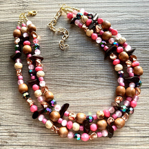 Cabin in the Woods Necklace, Coral Gold statement wood, chunky bib beaded jewelry 3 strand neutral, wooden traveler brown thick bib pink