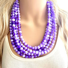 Load image into Gallery viewer, Purple Swirl Statement Necklace, Big Beaded necklace, chunky beaded necklace wedding, lavender jewelry, 5 strand white striped jewelry