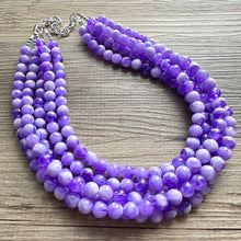 Load image into Gallery viewer, Purple Swirl Statement Necklace, Big Beaded necklace, chunky beaded necklace wedding, lavender jewelry, 5 strand white striped jewelry