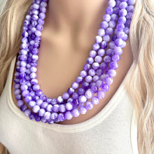 Load image into Gallery viewer, Purple Swirl Statement Necklace, Big Beaded necklace, chunky beaded necklace wedding, lavender jewelry, 5 strand white striped jewelry