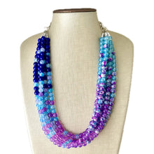 Load image into Gallery viewer, Blues Beach Resort Statement Necklace, Chunky 5 Strand Jewelry, purple violet blue necklace, bib beaded turquoise collar aqua bead lavender