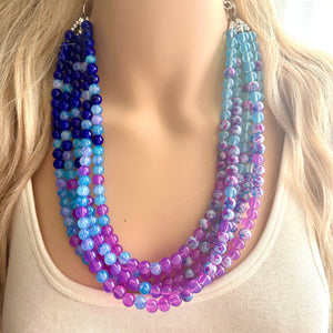 Blues Beach Resort Statement Necklace, Chunky 5 Strand Jewelry, purple violet blue necklace, bib beaded turquoise collar aqua bead lavender