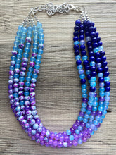 Load image into Gallery viewer, Blues Beach Resort Statement Necklace, Chunky 5 Strand Jewelry, purple violet blue necklace, bib beaded turquoise collar aqua bead lavender