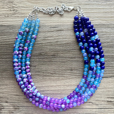 Blues Beach Resort Statement Necklace, Chunky 5 Strand Jewelry, purple violet blue necklace, bib beaded turquoise collar aqua bead lavender