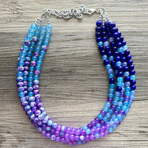 Blues Beach Resort Statement Necklace, Chunky 5 Strand Jewelry, purple violet blue necklace, bib beaded turquoise collar aqua bead lavender