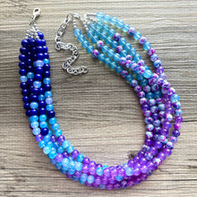 Load image into Gallery viewer, Blues Beach Resort Statement Necklace, Chunky 5 Strand Jewelry, purple violet blue necklace, bib beaded turquoise collar aqua bead lavender