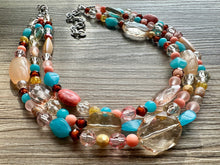 Load image into Gallery viewer, Peach Teal Coral Chunky Statement Necklace, Triple Strand Beaded Jewelry, blue peach coral jewelry, bridsmaid wedding, bib beaded jewelry