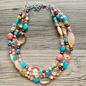 Peach Teal Coral Chunky Statement Necklace, Triple Strand Beaded Jewelry, blue peach coral jewelry, bridsmaid wedding, bib beaded jewelry