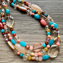 Load image into Gallery viewer, Peach Teal Coral Chunky Statement Necklace, Triple Strand Beaded Jewelry, blue peach coral jewelry, bridsmaid wedding, bib beaded jewelry