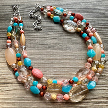 Load image into Gallery viewer, Peach Teal Coral Chunky Statement Necklace, Triple Strand Beaded Jewelry, blue peach coral jewelry, bridsmaid wedding, bib beaded jewelry