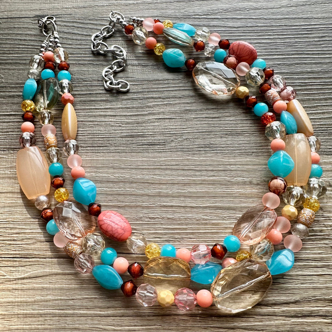 Peach Teal Coral Chunky Statement Necklace, Triple Strand Beaded Jewelry, blue peach coral jewelry, bridsmaid wedding, bib beaded jewelry