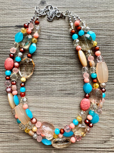 Peach Teal Coral Chunky Statement Necklace, Triple Strand Beaded Jewelry, blue peach coral jewelry, bridsmaid wedding, bib beaded jewelry