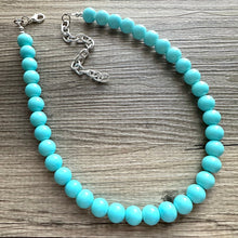 Load image into Gallery viewer, Robin&#39;s Egg Blue single strand necklace, glass bubblegum ball beaded jewelry, light blue aqua string of beads, baby blue statement