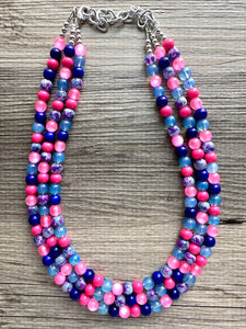 Cotton Candy Pier Necklace, Pink & blue Gender Reveal Party Present, blush pink baby blue chunky beaded royal blue hot pink earrings