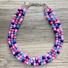 Load image into Gallery viewer, Cotton Candy Pier Necklace, Pink &amp; blue Gender Reveal Party Present, blush pink baby blue chunky beaded royal blue hot pink earrings