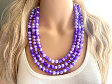Load image into Gallery viewer, Purple Swirl Statement Necklace, Big Beaded necklace, chunky beaded necklace wedding, lavender jewelry, 3 strand white striped jewelry