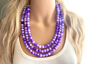 Purple Swirl Statement Necklace, Big Beaded necklace, chunky beaded necklace wedding, lavender jewelry, 3 strand white striped jewelry